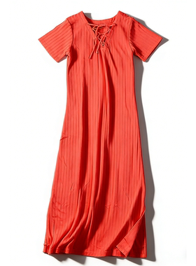 日单红色竖条纹短袖连衣裙85952绑带V领修身有型夏季休闲开叉长裙