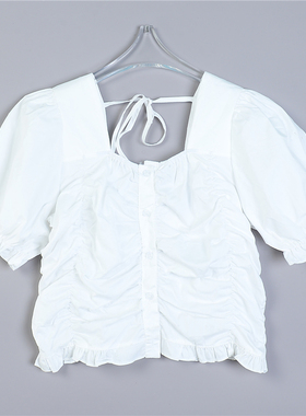 复古法式方领短款衬衫女6.29L79536松紧褶皱修身辣妹泡泡袖上衣夏