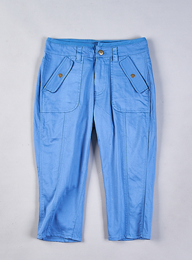 228日单蓝色休闲中裤女77447夏中腰直筒全棉弹力修身六七分小脚裤