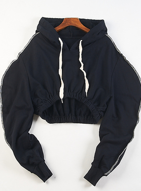 精品韩版纯棉连帽长袖卫衣女H84072秋季新款宽松时尚潮超短款外套