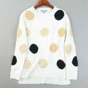 外贸精品撞色大波点毛衣针织衫女L85538宽松大码落肩袖外穿打底衫