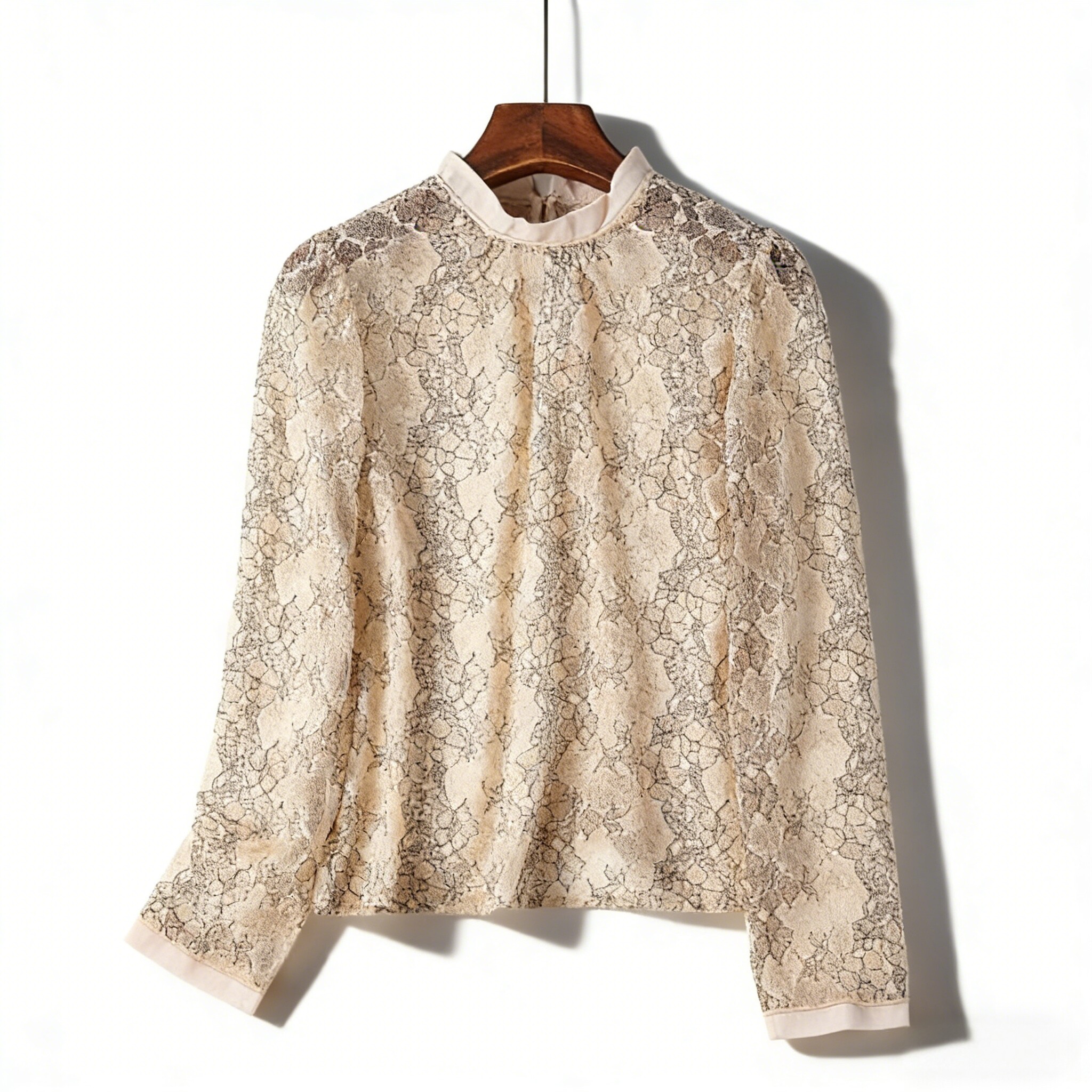 日单复古立领打底衫女H86179夏季轻薄款网纱微透视内搭长袖蕾丝衫