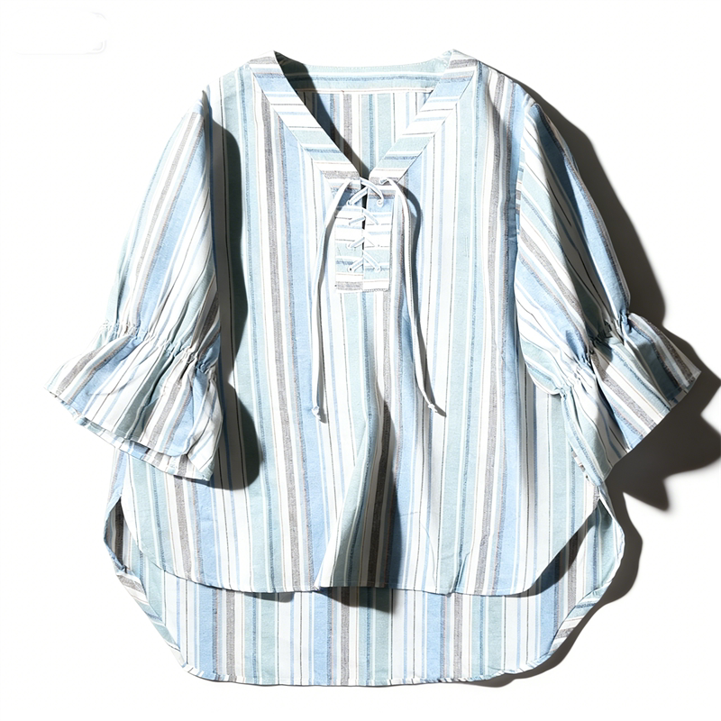 日系原宿V领绑带套头纯棉衬衫女85891春夏灯笼喇叭七分袖宽松上衣