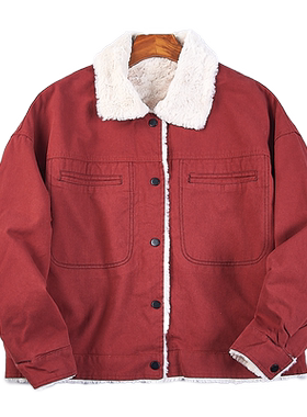 525日系秋冬加绒棉服夹克男女77294美式翻领羊羔绒保暖棉衣短外套