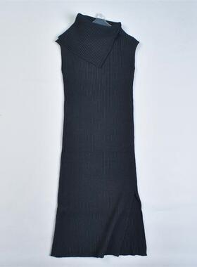 622斜翻领针织连衣裙女81334春秋超级显身材裹身无袖包臀开叉长裙