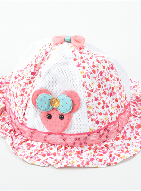 女童卡通渔夫帽9.23L75699拼接荷叶边蝴蝶结幼童可爱透气帽子软帽