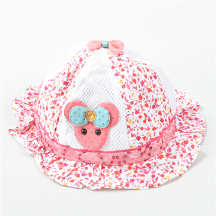 女童卡通渔夫帽9.23L75699拼接荷叶边蝴蝶结幼童可爱透气帽子软帽