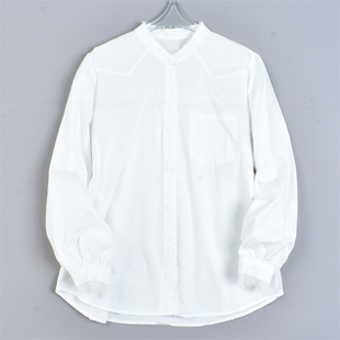 宽松显瘦立领长袖 女82423夏秋季 上衣 蕾丝花边全棉白色衬衫 616韩版