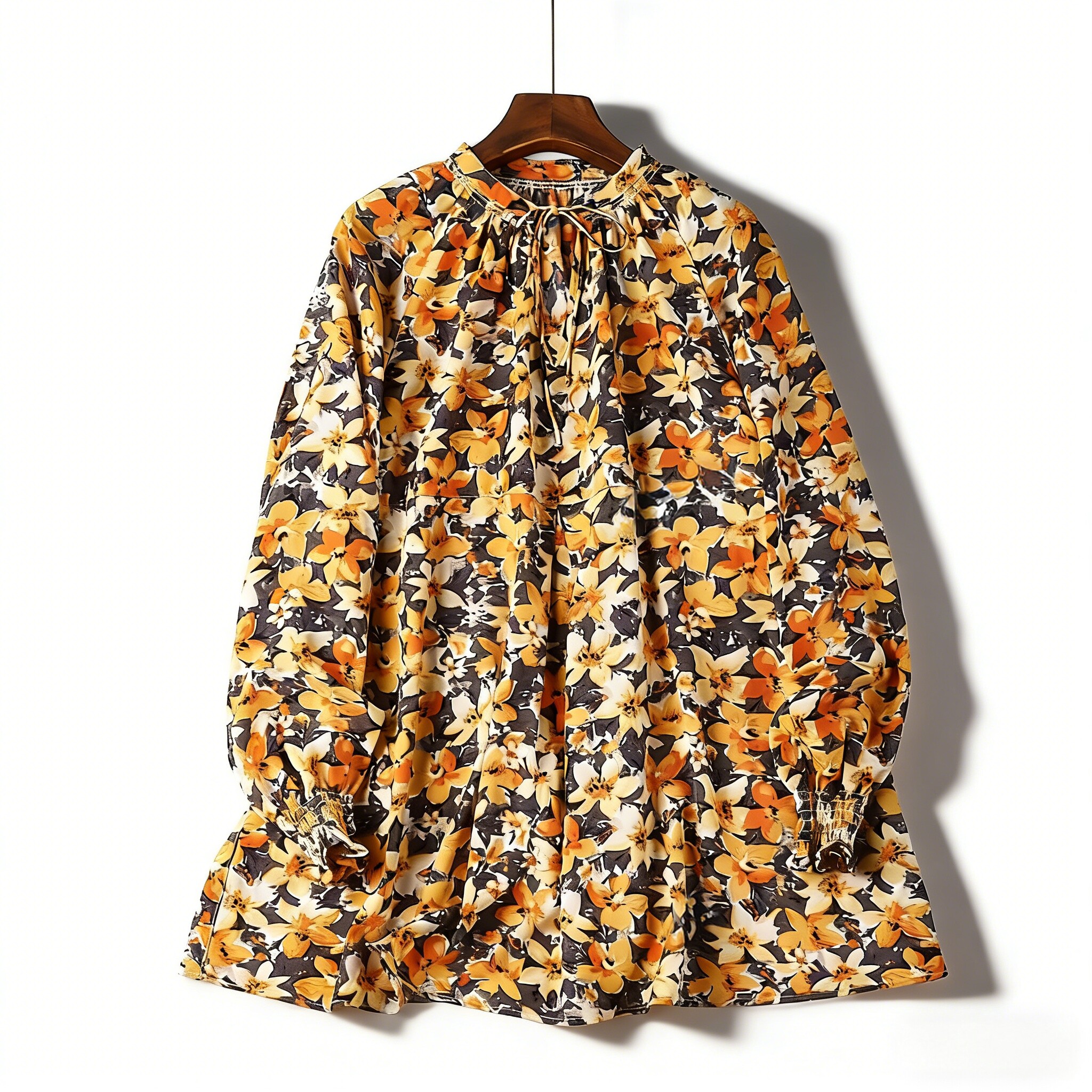 日单法式复古碎花长袖连衣裙H86338春夏宽松大码气质中长款衬衫裙