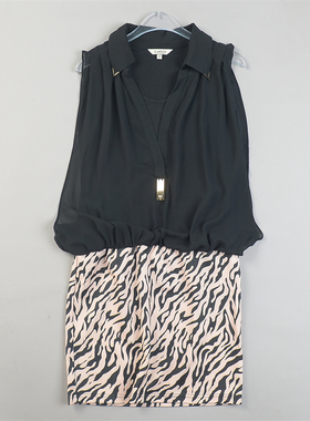 品质韩版拼接假两件连衣裙女L84908雪纺无袖豹纹包臀裙春夏短裙子