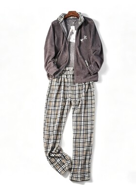 春秋季摇粒绒外套格子长裤家居服
