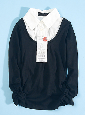 626韩版女童休闲长袖T恤H72188秋季风琴褶翻领衬衫假两件儿童上衣