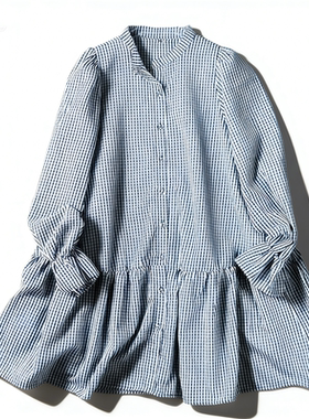 日系文艺格纹长袖衬衫裙女3.10L86006春夏季宽松百搭学院风连衣裙