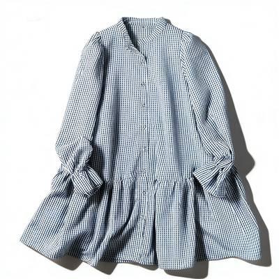 日系文艺格纹长袖衬衫裙女3.10L86006春夏季宽松百搭学院风连衣裙