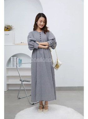 高货日单细格子V领连衣裙女84711秋季新款宽松高腰显瘦七分袖长裙