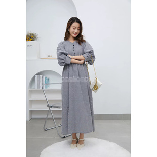 长裙 宽松高腰显瘦七分袖 高货日单细格子V领连衣裙女84711秋季 新款