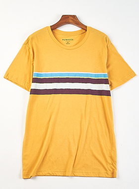 精品外贸圆领条纹印花短袖T恤男女84863夏季宽松柔软舒适百搭上衣