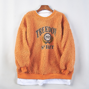 106学院风羊羔毛绒套头卫衣男女生77037加厚宽松刺绣拼接长袖 外套