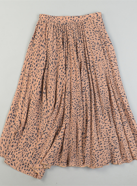 日单豹纹雪纺百褶半身裙女84552斜摆不规则夏秋高腰显瘦A字中长裙