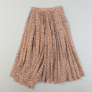 日单豹纹雪纺百褶半身裙女84552斜摆不规则夏秋高腰显瘦A字中长裙