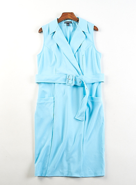 精品外贸纯色无袖连衣裙女H83606夏秋季西装领收腰显瘦气质中长裙