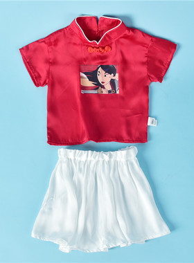 328丝滑缎面女童卡通印花短袖上衣裙装两件套夏立领国风中式70537