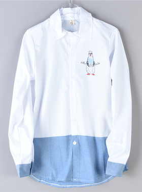 韩版男女生印花拼接衬衫92L75725青春潮流修身型春夏休闲长袖衬衣