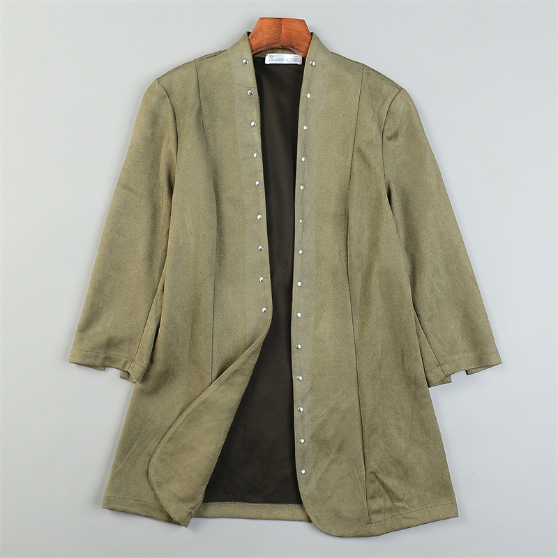 外贸麂皮绒中长款外套女L84391钉珠无扣开衫款春秋季休闲夹克西装