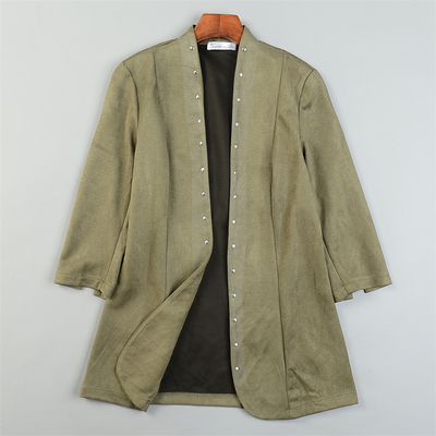 外贸麂皮绒中长款外套女L84391钉珠无扣开衫款春秋季休闲夹克西装