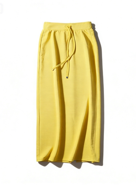 多巴胺黄色高腰抽绳半身裙女3.10L85856春夏直筒垂感开叉一步长裙