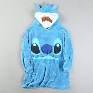 外贸男女卡通刺绣珊瑚绒家居服L85539秋冬连帽加绒保暖中长款 睡衣