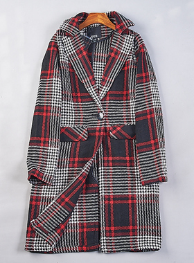 外贸复古格纹西装领一粒扣毛呢大衣女5.11H78856宽松显瘦中长外套