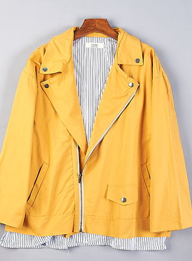 83韩版假两件斜拉链外套女H78710春秋宽松设计感小众条纹拼接夹克