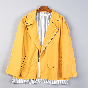 83韩版假两件斜拉链外套女H78710春秋宽松设计感小众条纹拼接夹克