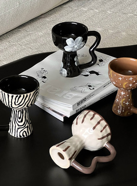 现货AHD高脚马克杯复古设计水杯高颜值法式咖啡杯陶瓷雪糕杯女生