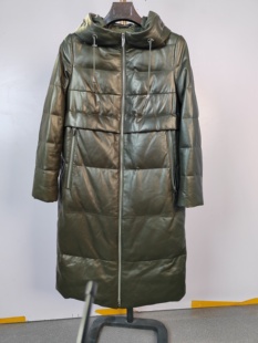 女士绵羊皮真皮羽绒服中长款连帽直筒皮衣断码特价辛集国际皮革城