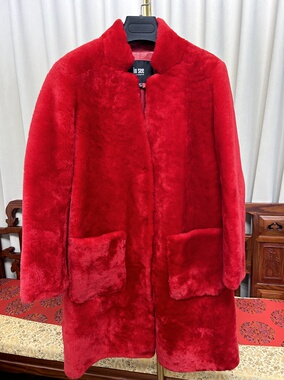 包邮特价外贸皮草皮毛一体真皮外套女中长款立领红色工厂清仓原生