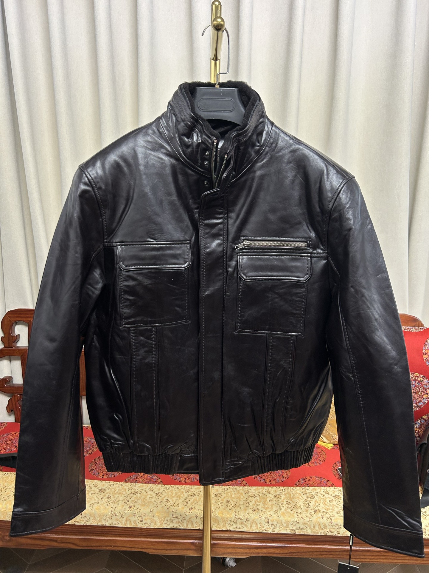 外贸原单男士高端头层牛皮飞行服夹克立领兔毛内胆可拆机车真皮衣