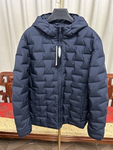 90鸭绒连帽羽绒服男藏青方格绗缝保暖外套商务休闲防风秋冬装薄款