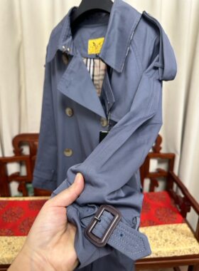 气质雾霾蓝长款风衣外套女英伦双排扣可拖鞋内胆派克服外壳