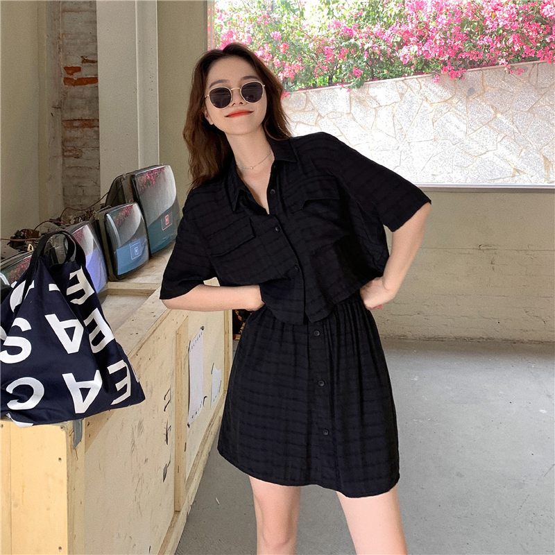 Real shooting summer new small fresh shirt top high waist skirt suit