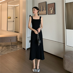 Spring thin knitting suspender dress with high waist and long skirt