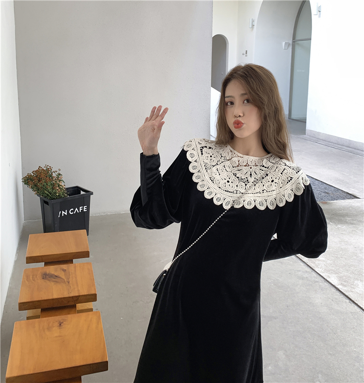 New French style vintage velvet dress + lace doll collar shawl suit