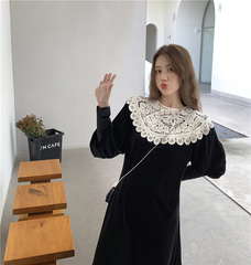 New French style vintage velvet dress + lace doll collar shawl suit