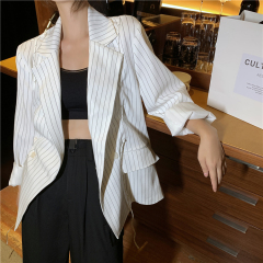 Real shot spring and summer new niche design striped drawstring loose long sleeve suit jacket for women