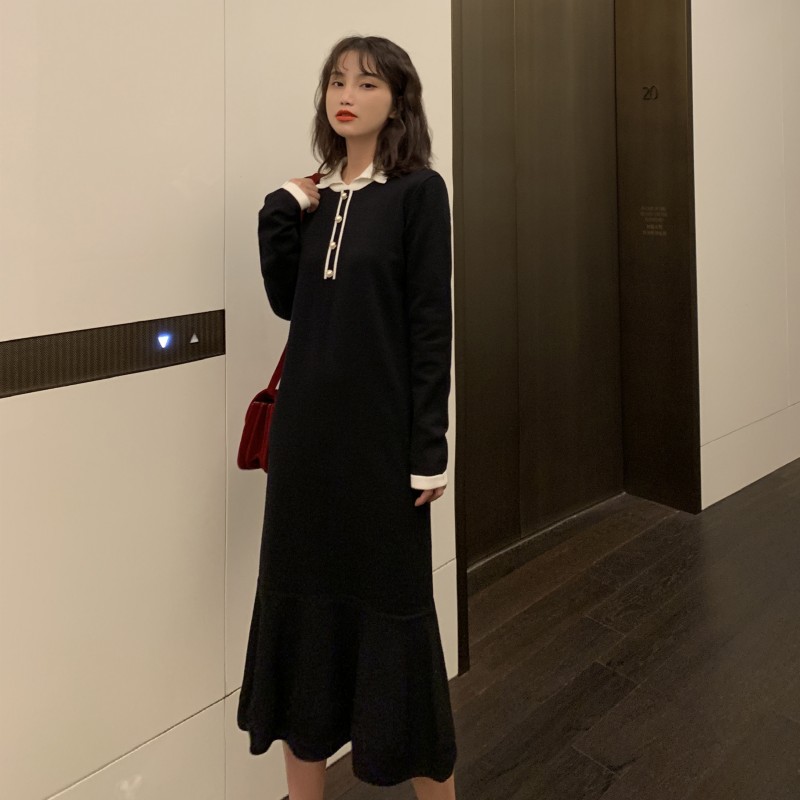 Real time ~ video ~ 2020 autumn / winter polo collar black skirt new waist closing dress with thin temperament