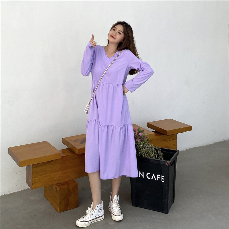 Real shot ~ early spring 2021 new loose dress 2-color V-Neck long sleeve back tied rope pleated cake skirt