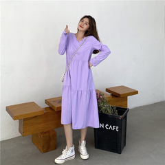 Real shot ~ early spring 2021 new loose dress 2-color V-Neck long sleeve back tied rope pleated cake skirt