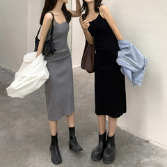 Real shot ~ 2021 summer new fashion versatile sleeveless knitting sling medium length dress for women