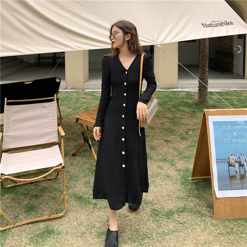 Real shot spring and summer new gentle wind collar long sleeve slim single breasted dress